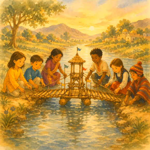 Aya and Luca build a bridge with other kids