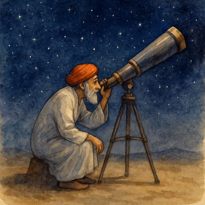 Nasruddin peering through telescope toward the stars