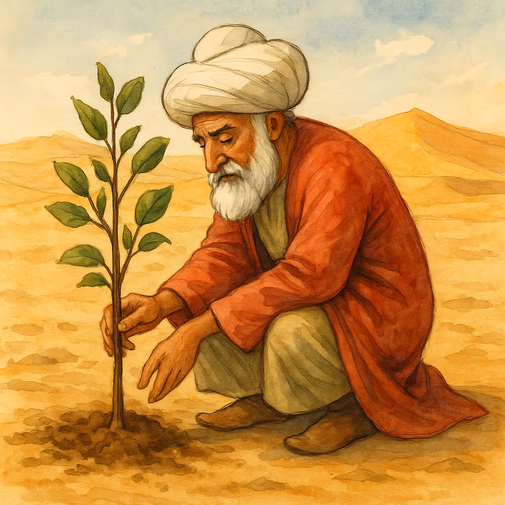 Nasruddin plants a tree in the desert